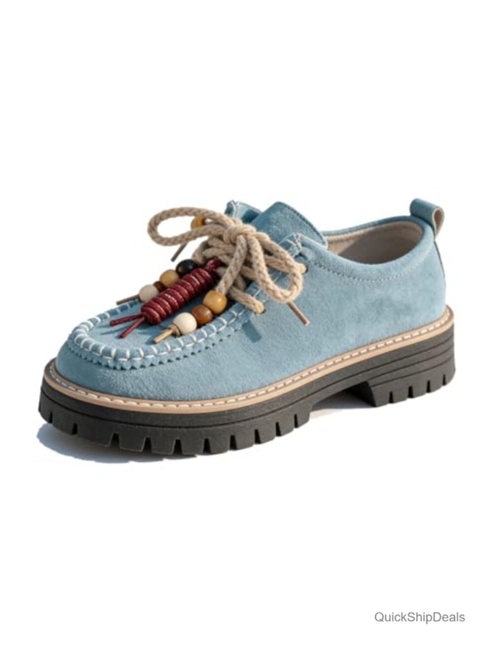 Women's Suede Platform Chunky Heel Loafers Beaded Lace Up Round Toe